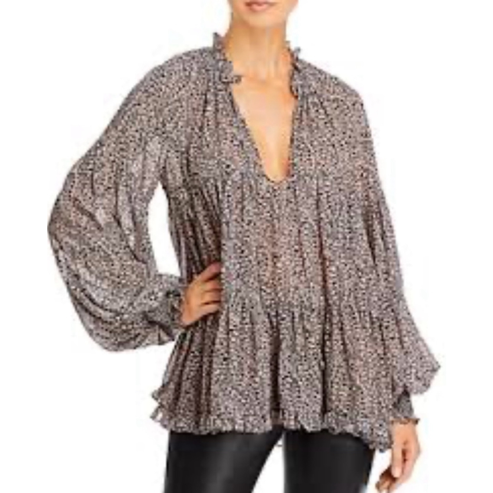 Cinq A Sept Claude Tiered Top Plunge Neckline Blouse in Navy Rose/Clay Sz Small